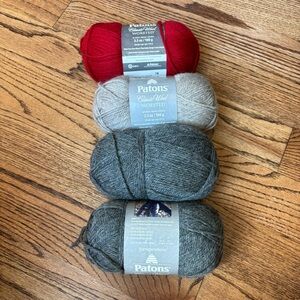 Patons Classic Wool Worsted Yarn Bundle Lot of 4 Red Gray Oatmeal Knit Crochet
